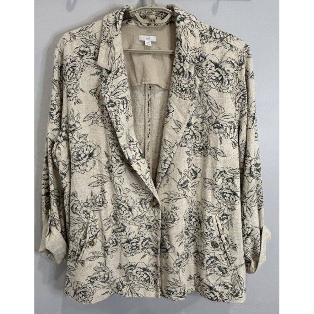 J Jill Linen Unstructured Blazer Jacket Tan Green Floral Print Roll Tab XL